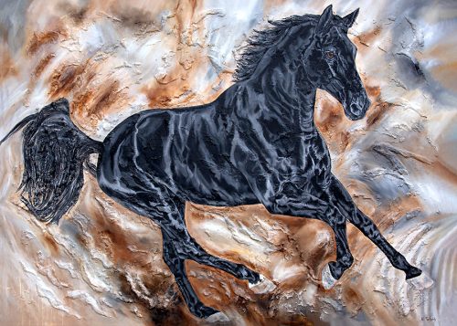 Black horse galloping, painted by Kerstin Tschech