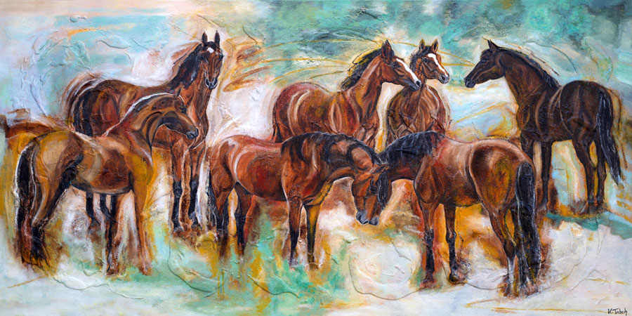Modern horse herd, coloured painting
